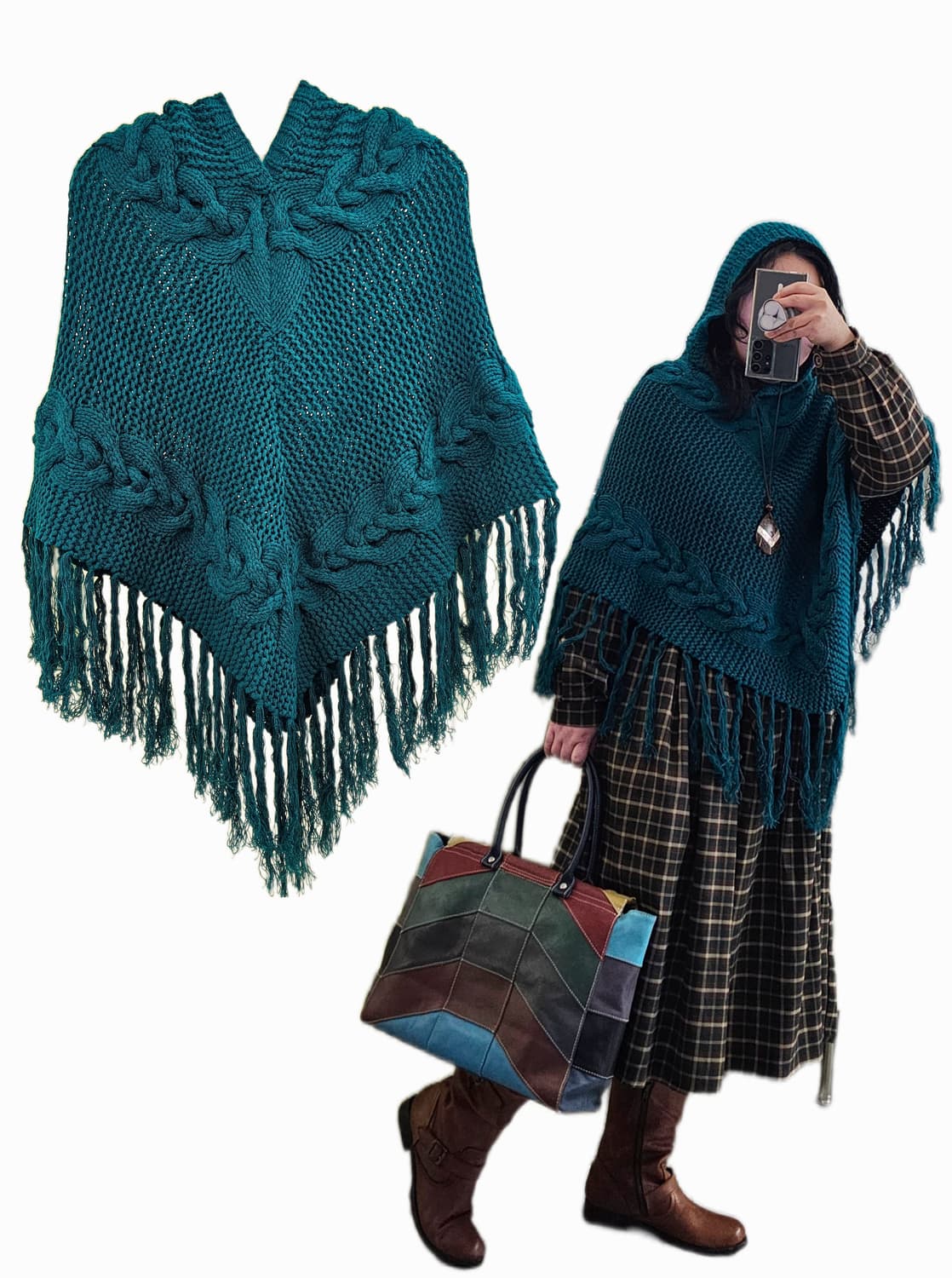 Japan 청록 니트 후드 케이프 상품이미지1