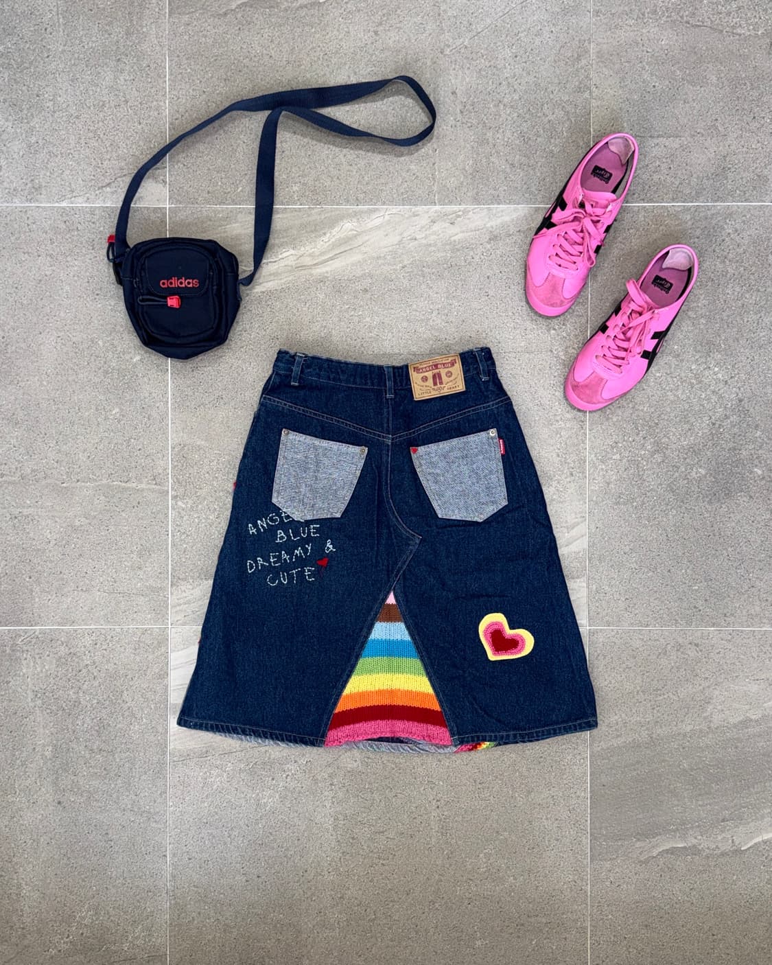 Kitsch rainbow knit patch denim skirt 상품이미지2