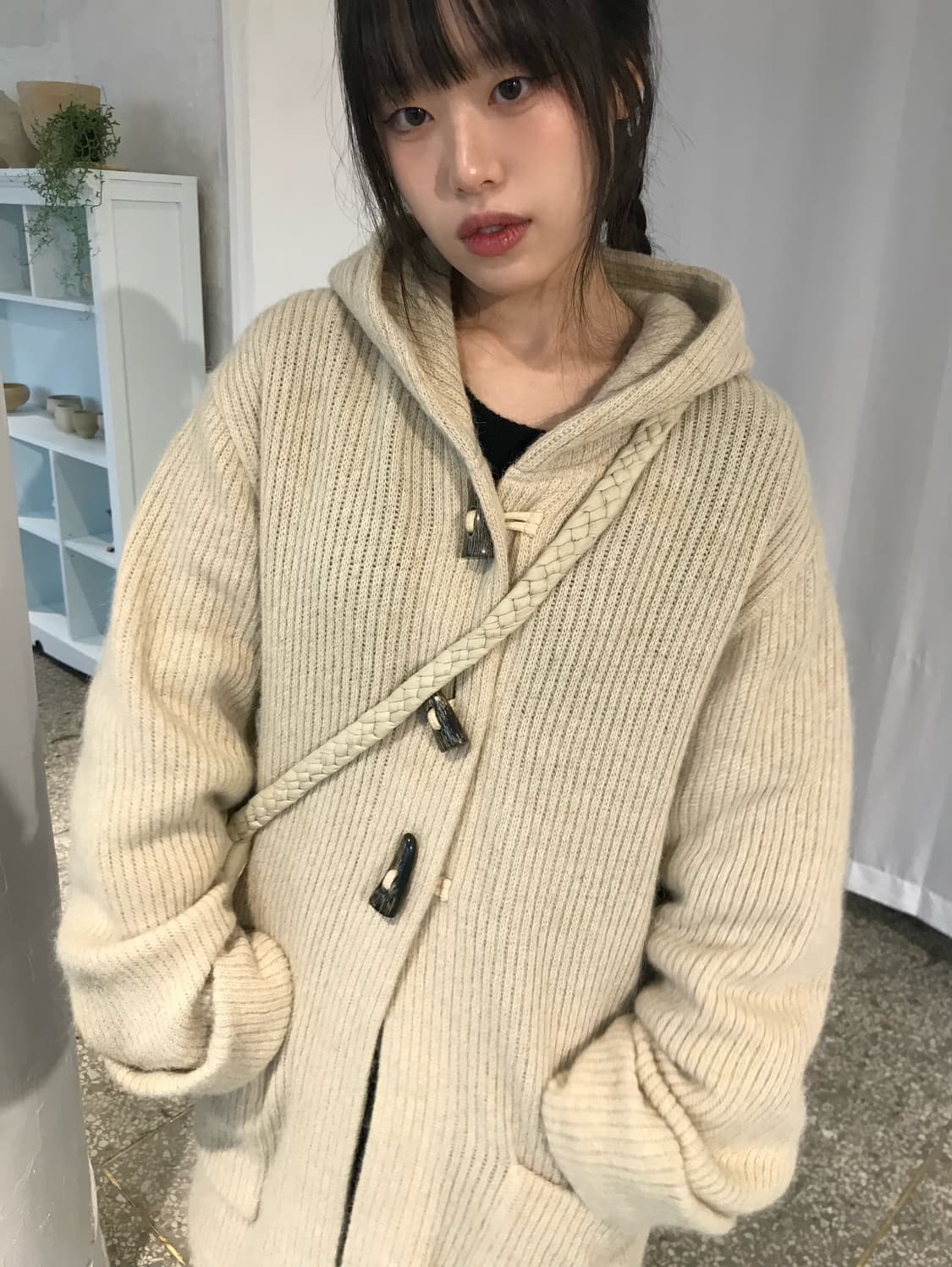 오트밀 니트 후드 코트 상품이미지2