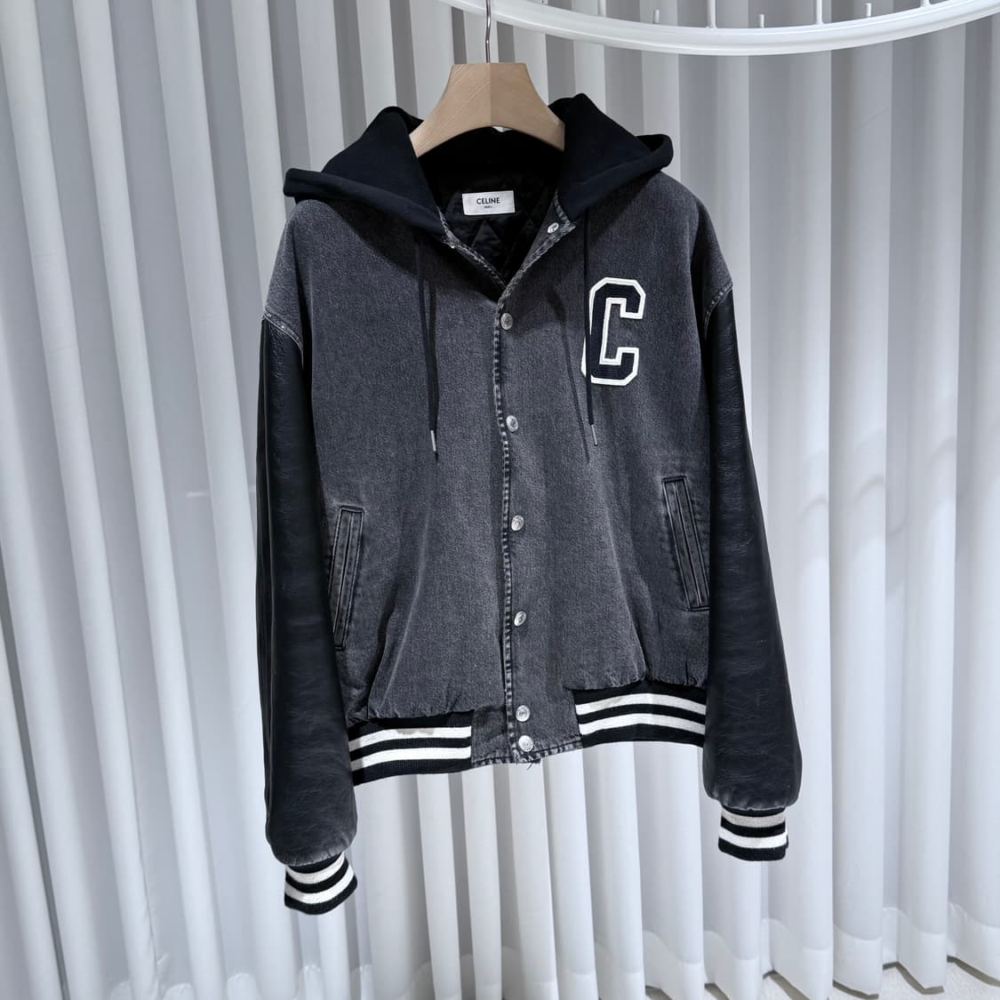 (S+ / L) / 셀린느 블랙 레더 데님 테디 후드 바시티 자켓 상품이미지3