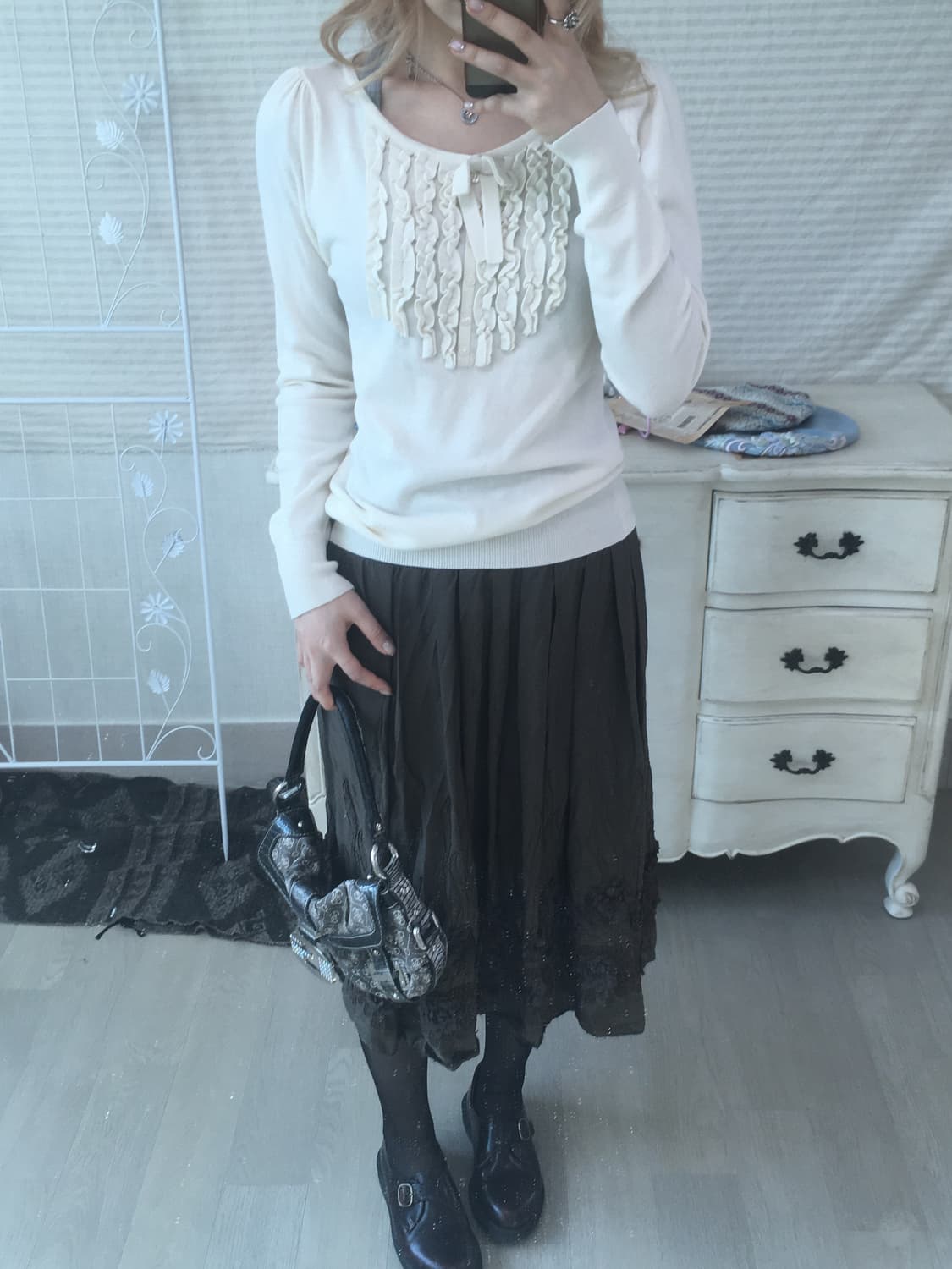 일본빈티지 아이보리 리본 프릴 니트 상품이미지2