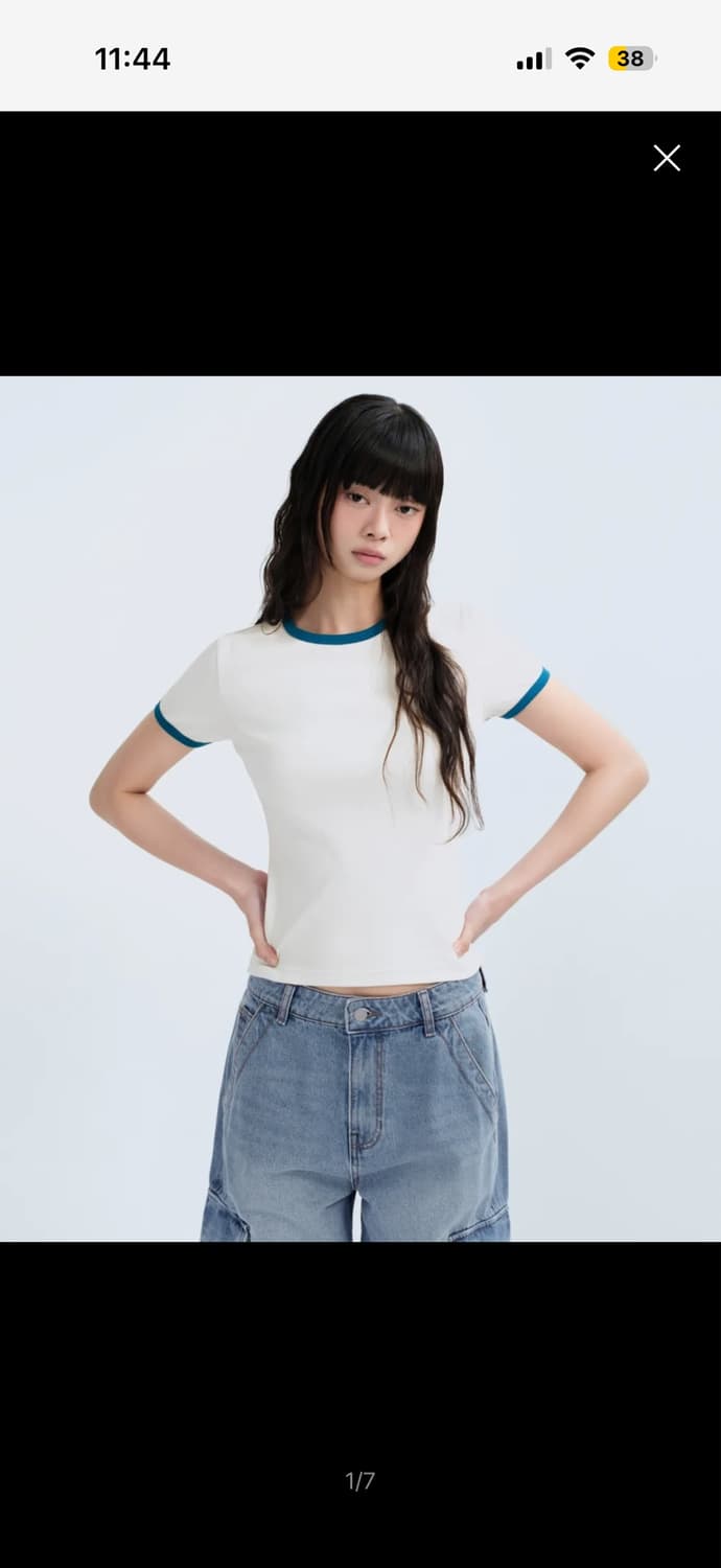 무신사스탠다드 우먼즈 슬림 크루 넥 링거 티셔츠 반팔 크림/블루 s사이즈 상품이미지1