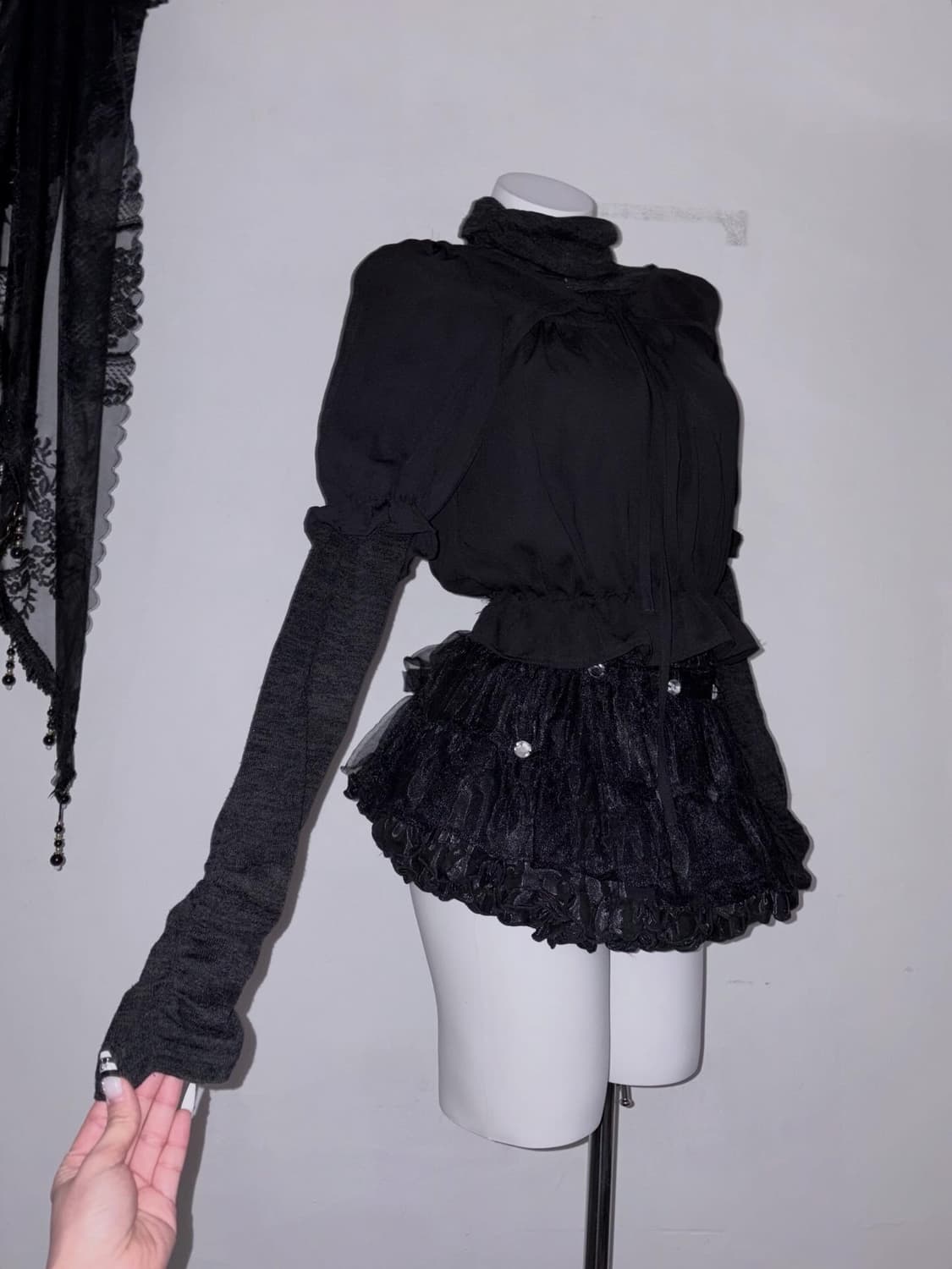 다크로맨틱 2피스 세트 셔링 리본 고스 공겜여주 고딕 상품이미지1