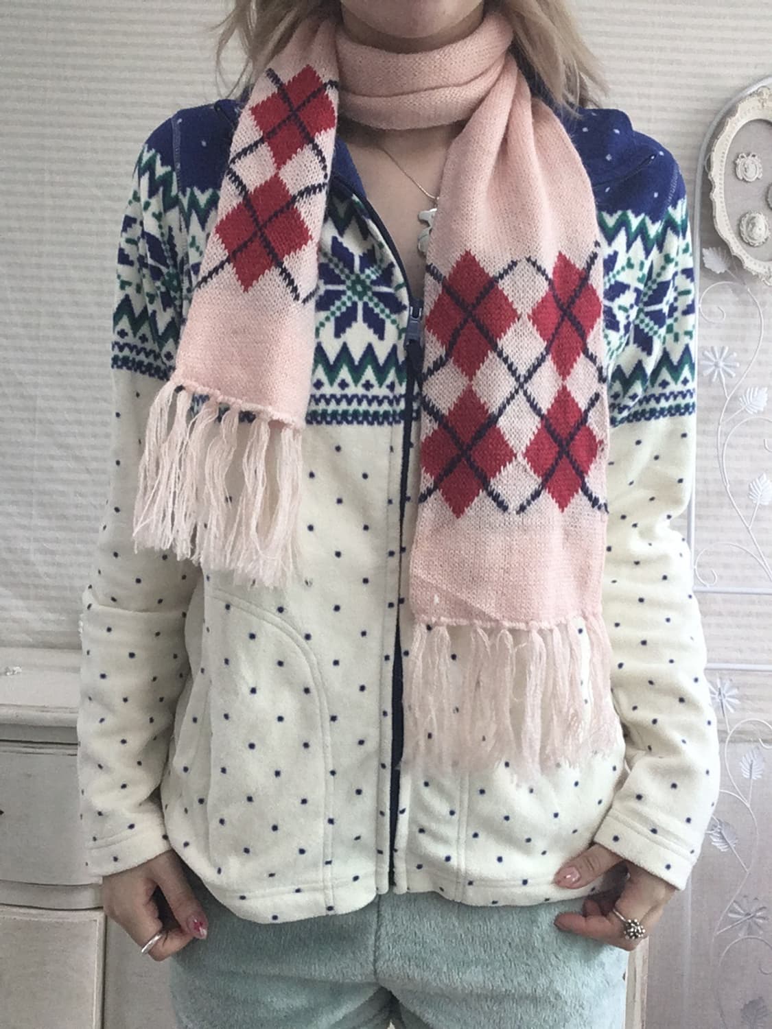 jpn vintage peach pink argyle muffler 상품이미지1