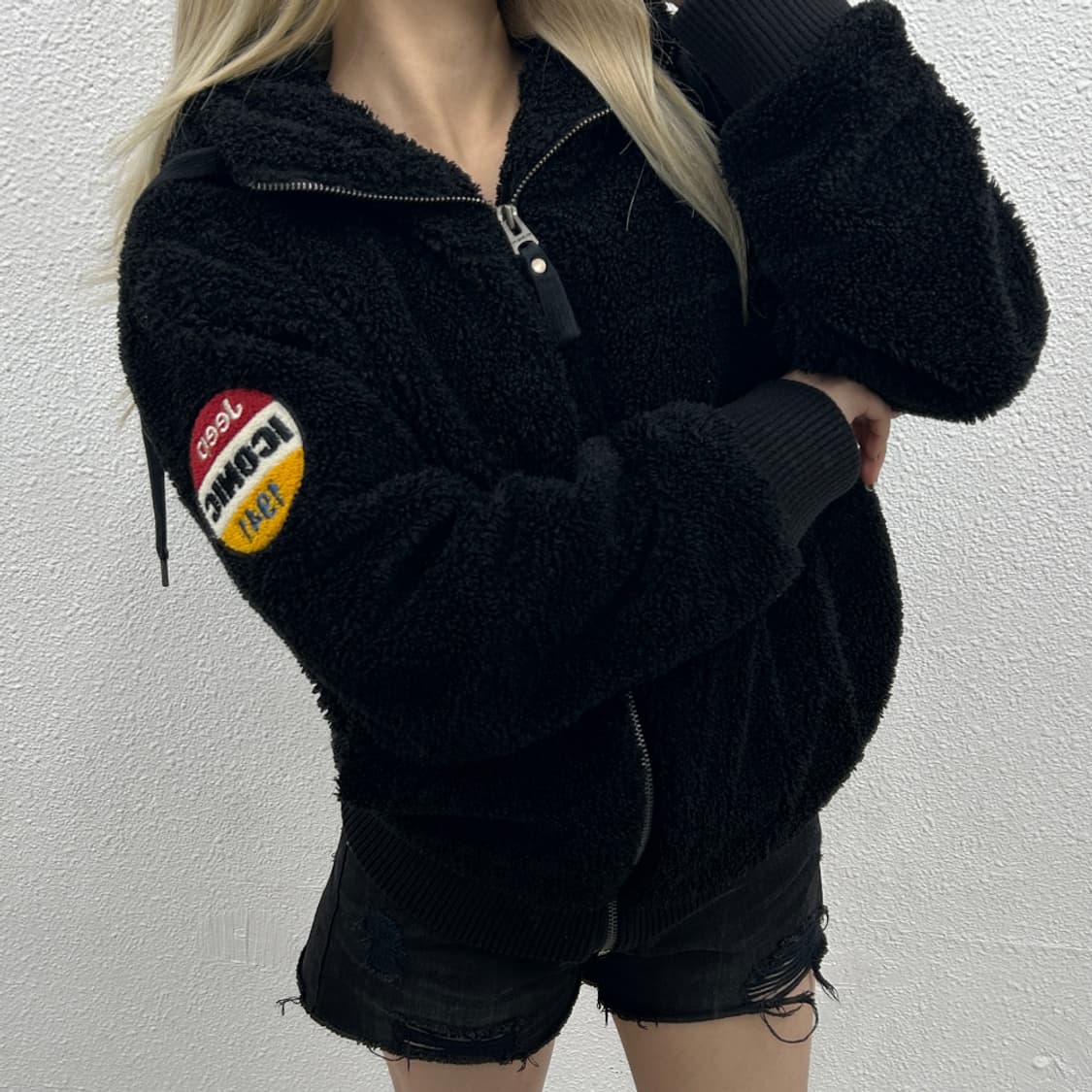 지프 사이트패치 블랙 뽀글이 후드집업 M 상품이미지2