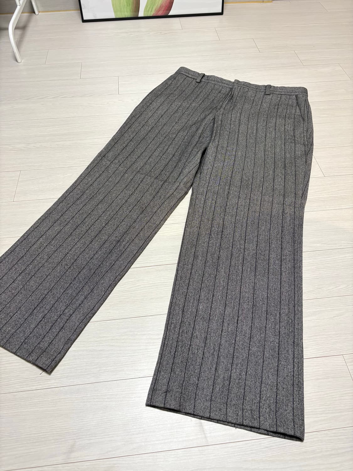 빈티지 그레이 와이드 울 스트라이프 슬랙스 33인치 상품이미지1