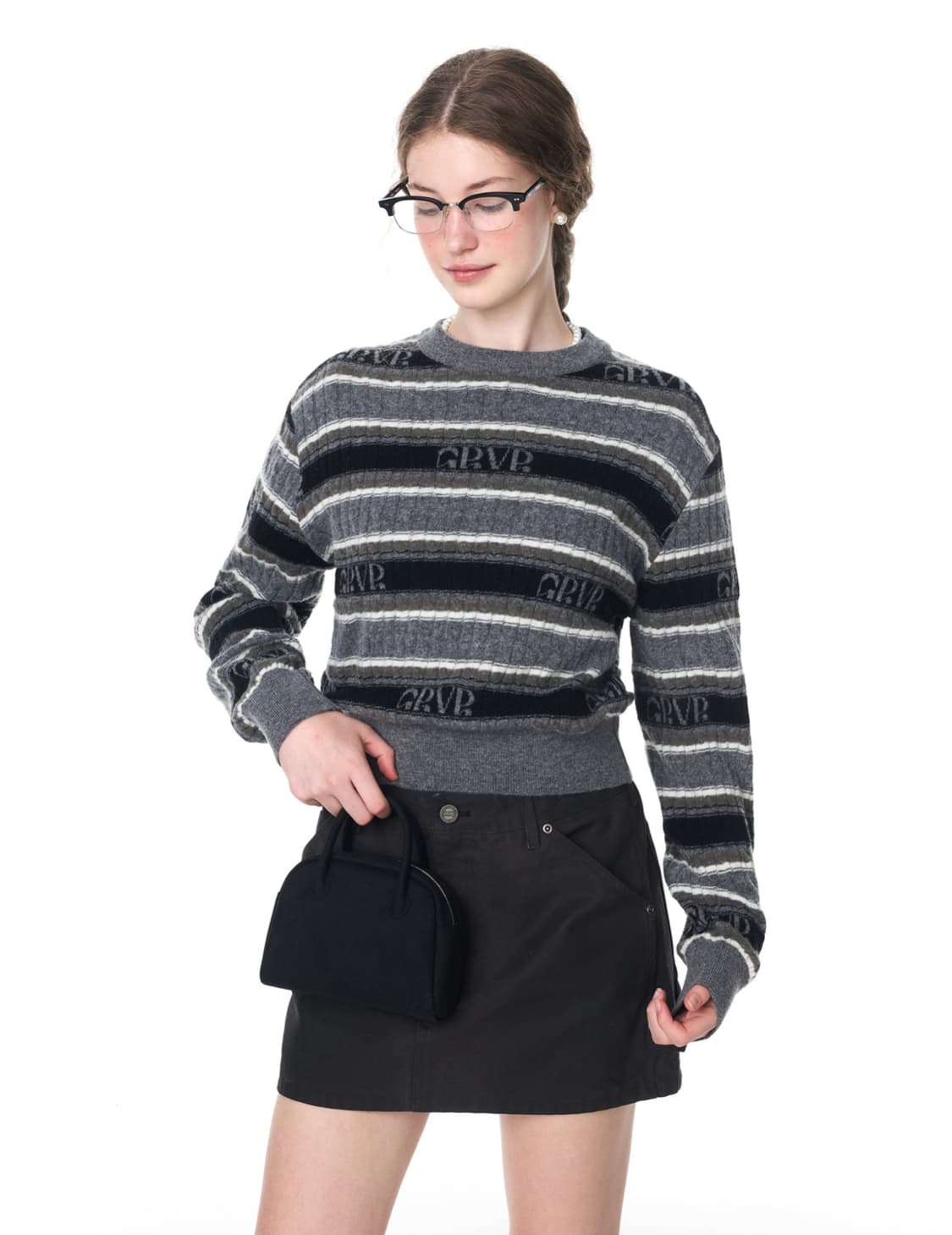 그로브 스트라이프 케이블 니트 그레이 상품이미지1