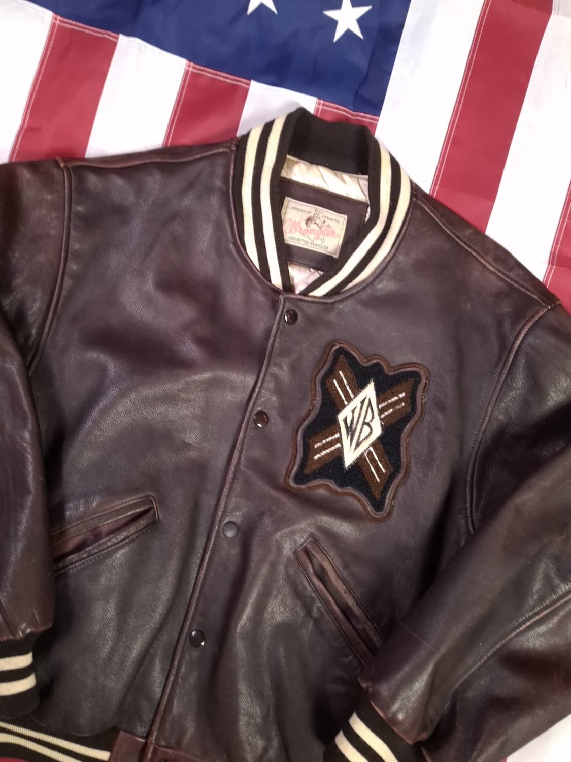 90's 오리지날 일본판 랭글러 리얼레더 바시티자켓 상품이미지2