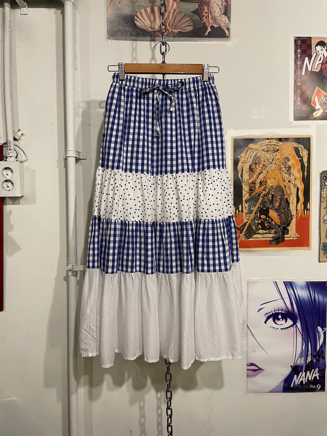 블루 체크 도트 패치워크 롱스커트 모리 상품이미지3