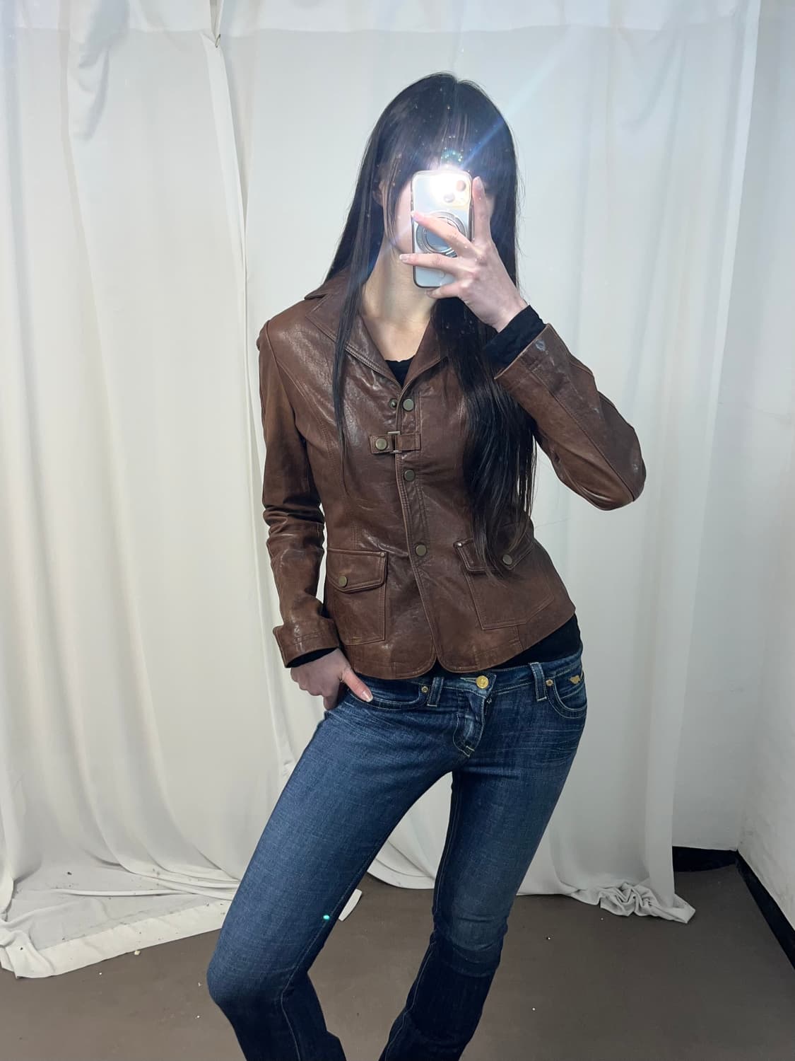 브라운 램스킨 버튼 기믹 레더 자켓 상품이미지6