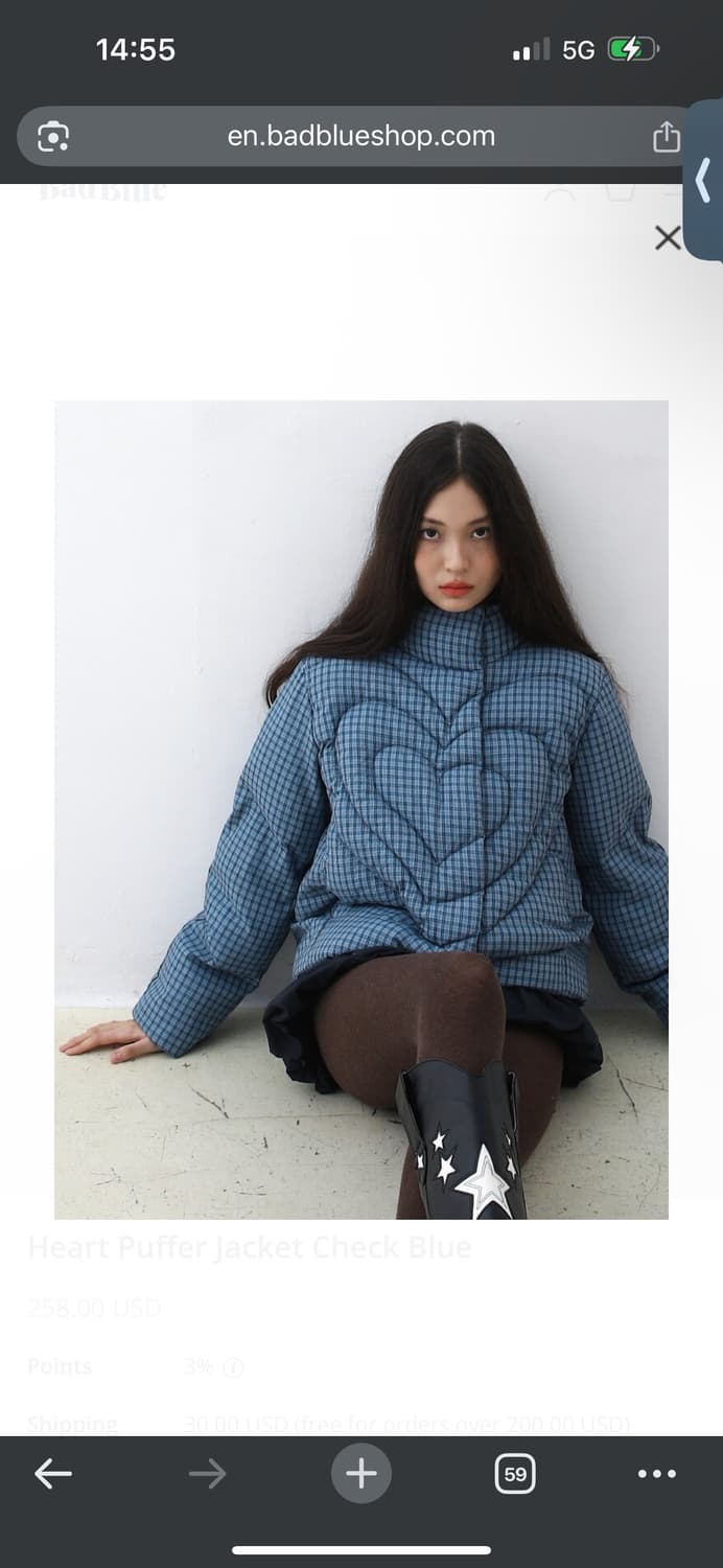 BadBlue 하트 푸퍼 자켓 체크 블루 M 상품이미지1