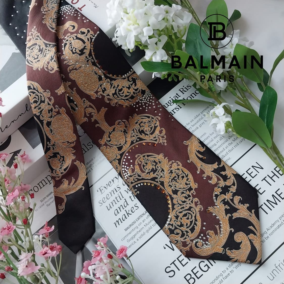 피에르 발망 실크 블랙 오너먼트 큐빅 넥타이 9.5cm A등급 K1578 상품이미지3