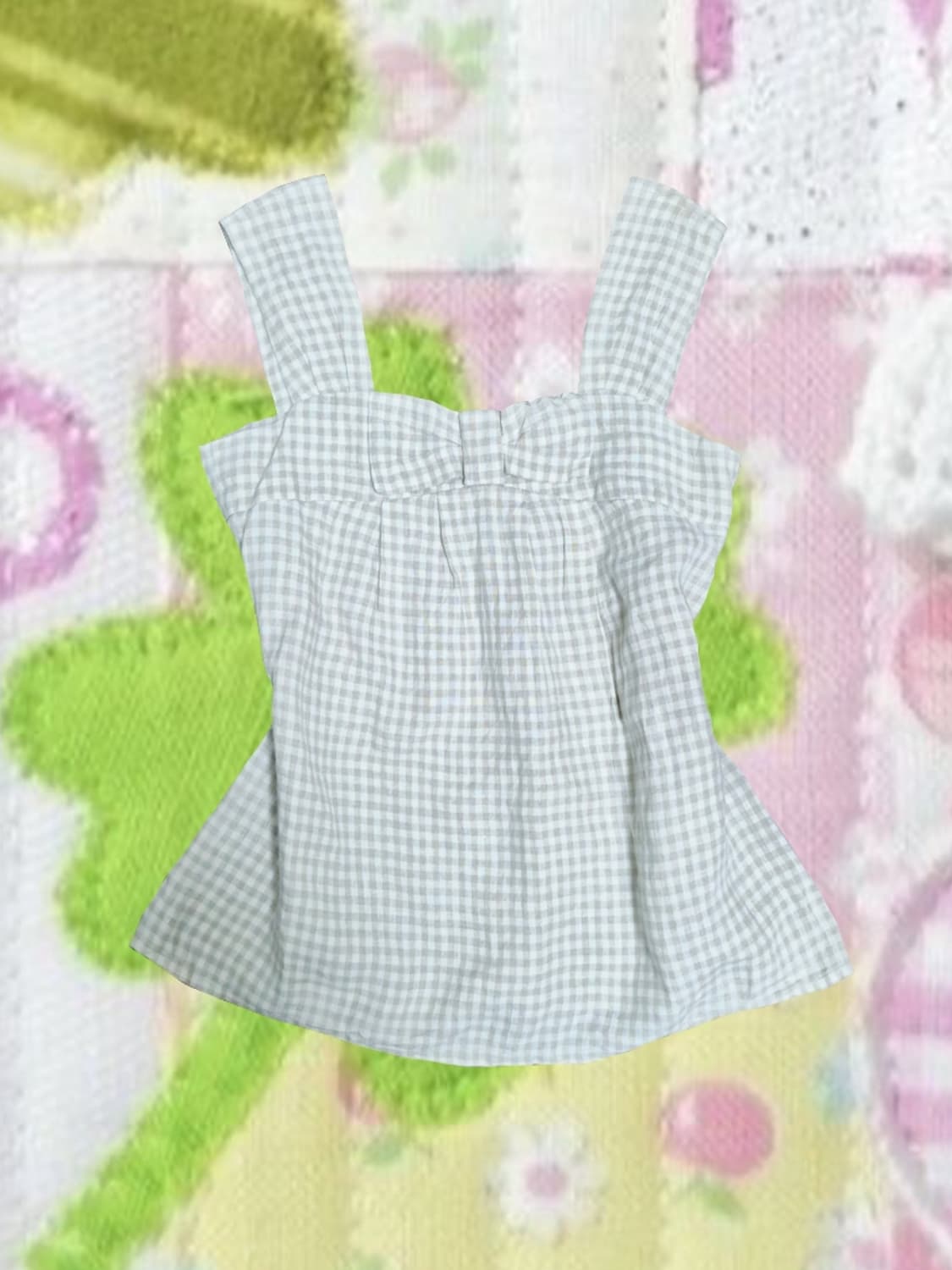 빈티지 베이지 체크 깅엄 스퀘어넥 블라우스 슬리브리스 나시 리본 상품이미지1