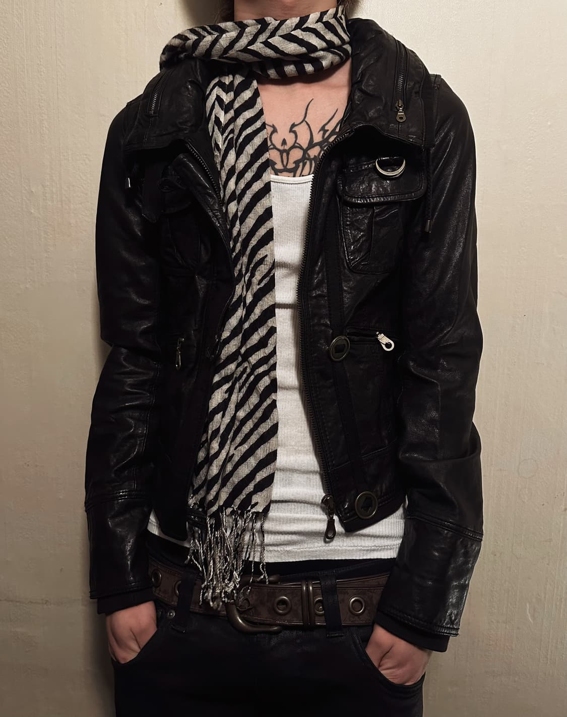 leather jacket zebra scarf set.. 상품이미지1