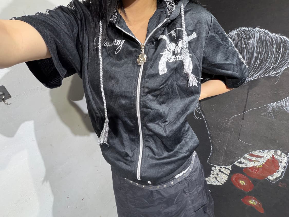 Jpn 일본 빈티지 갸루깔 빅로고 해골 펑크 고딕 반팔 후드집업 L 상품이미지2