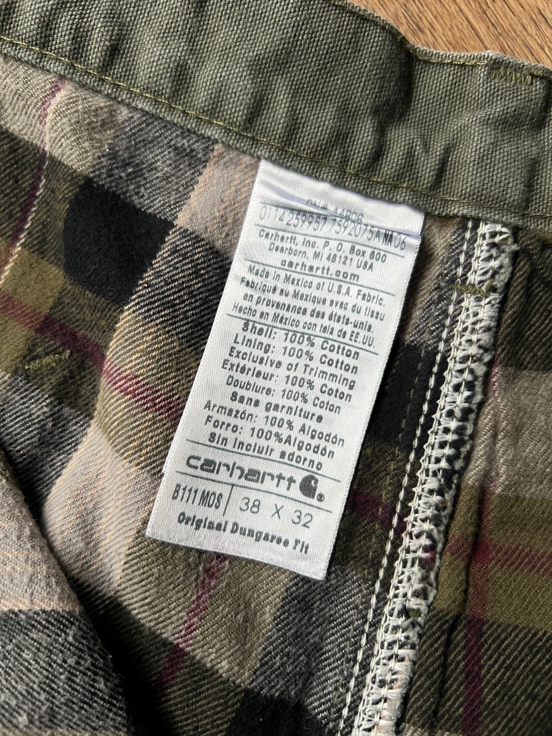 [38]칼하트 USA 체크 라이닝 모스그린 싱글니 카펜터 워크 팬츠 상품이미지4
