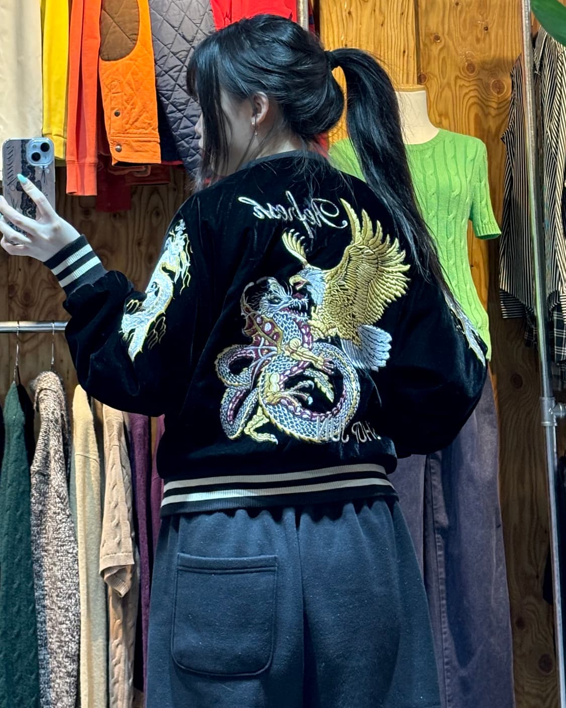 S 제페니즈 이글 드래곤 자수 블랙 벨벳 스카잔  상품이미지2