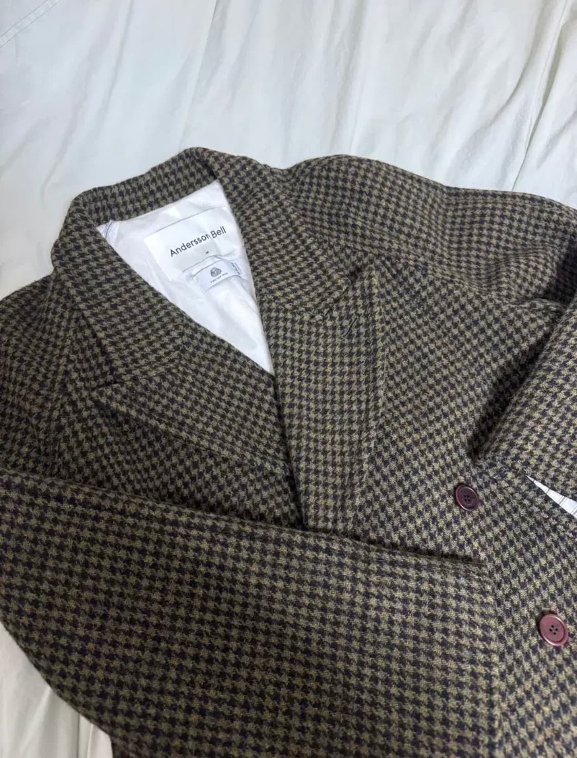 앤더슨벨 더블 브레스티드 트위드 체크 코트 카키 상품이미지3