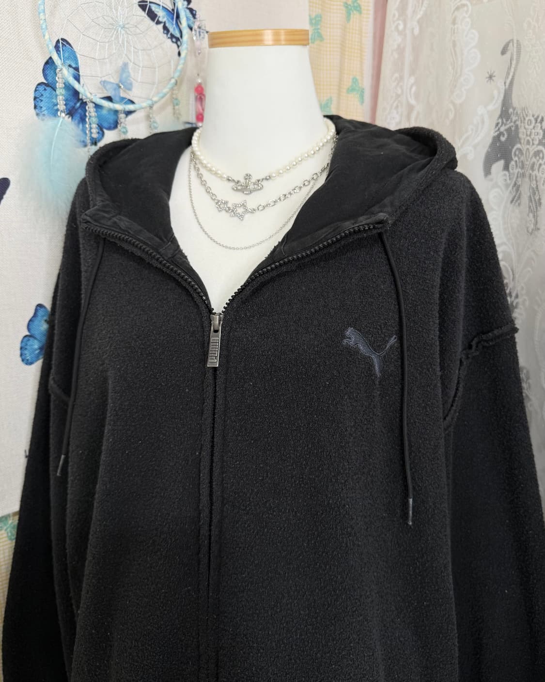 푸마 블랙 뽀글이 오버핏 후드 집업 상품이미지5