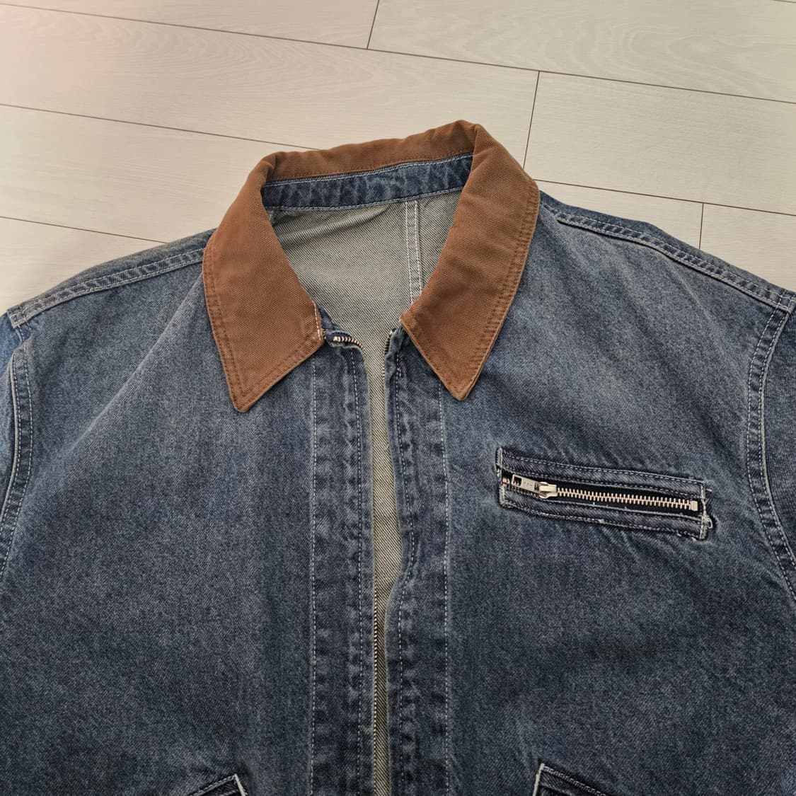 (XL) 카라 배색 집업 워크 데님 자켓 블루 에잇세컨즈 상품이미지3