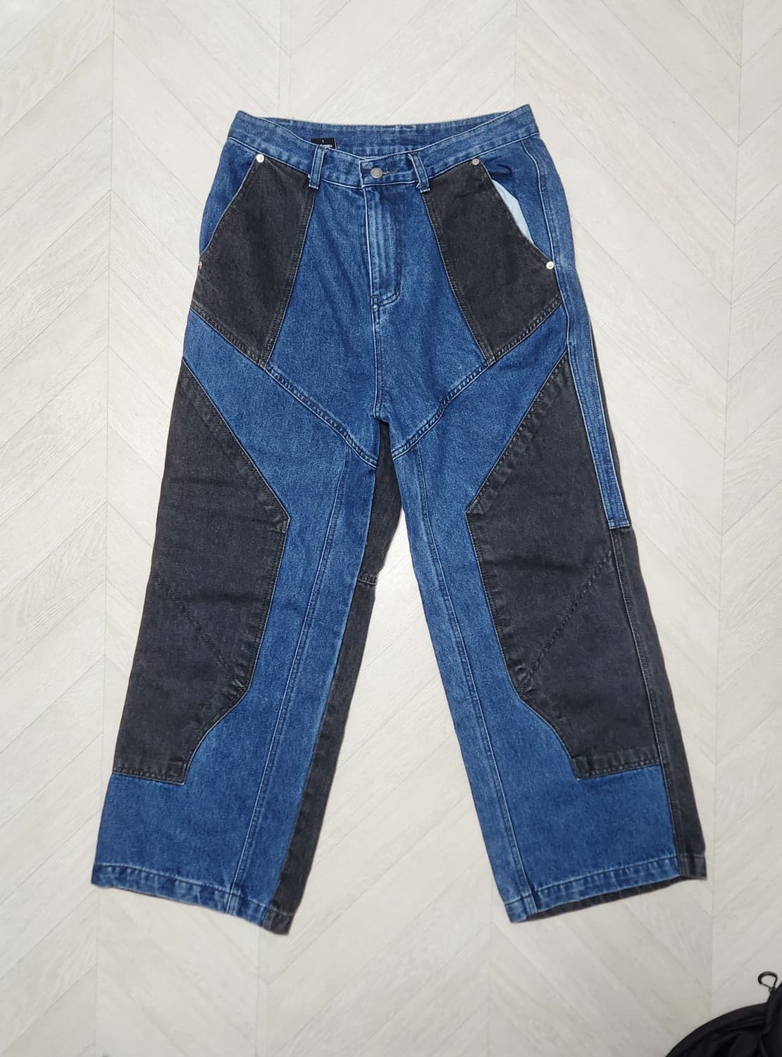 꼼파뇨 믹스트 절개 와이드 데님 팬츠 워시드 블루 L 상품이미지1