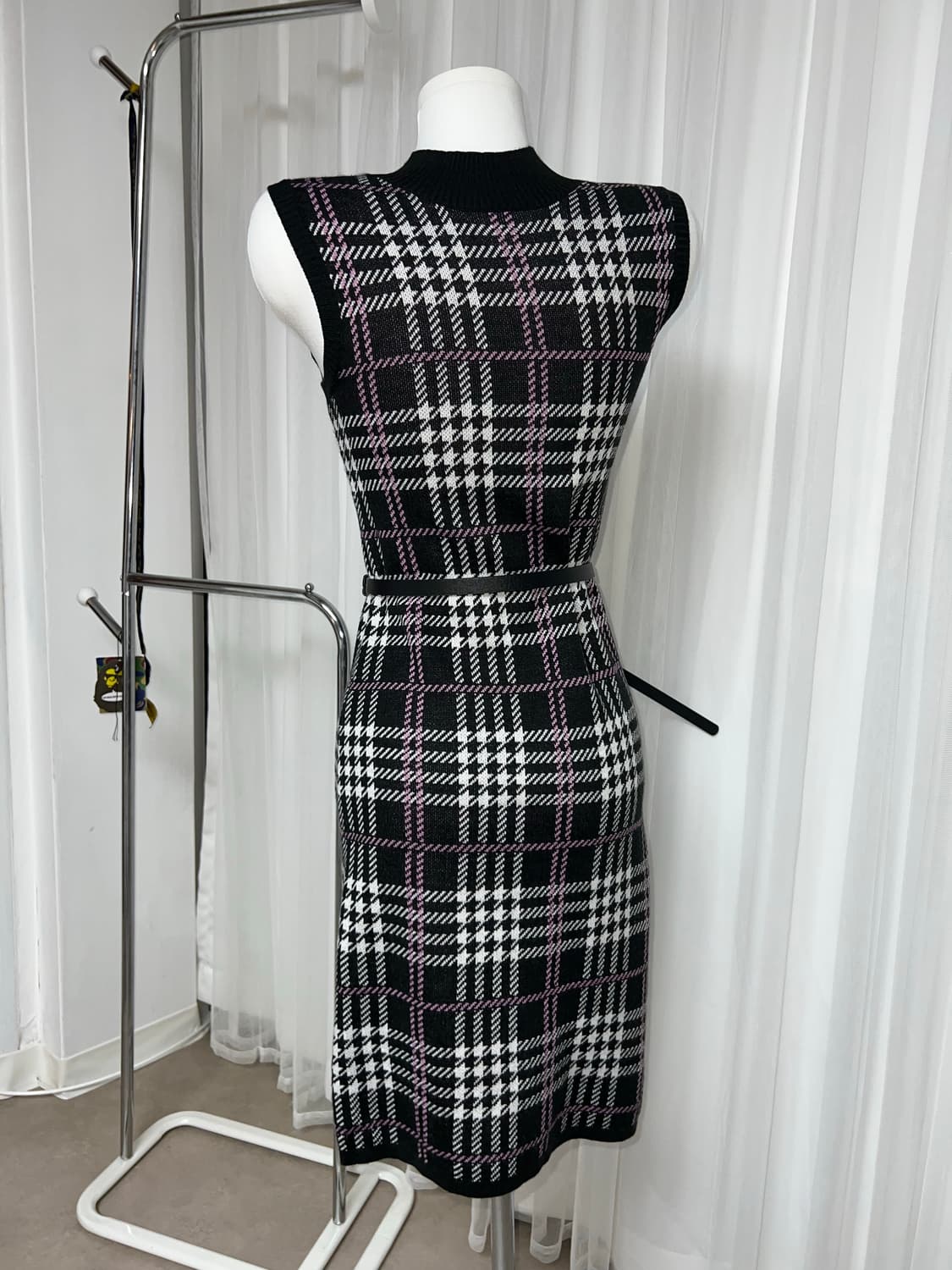 블랙 퍼플 체크 니트 롱 원피스 상품이미지10