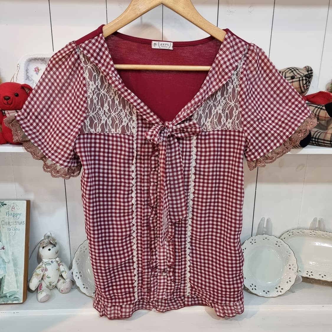 axes femme(액시즈팜) 버건디 깅엄체크 리본 블라우스  상품이미지4