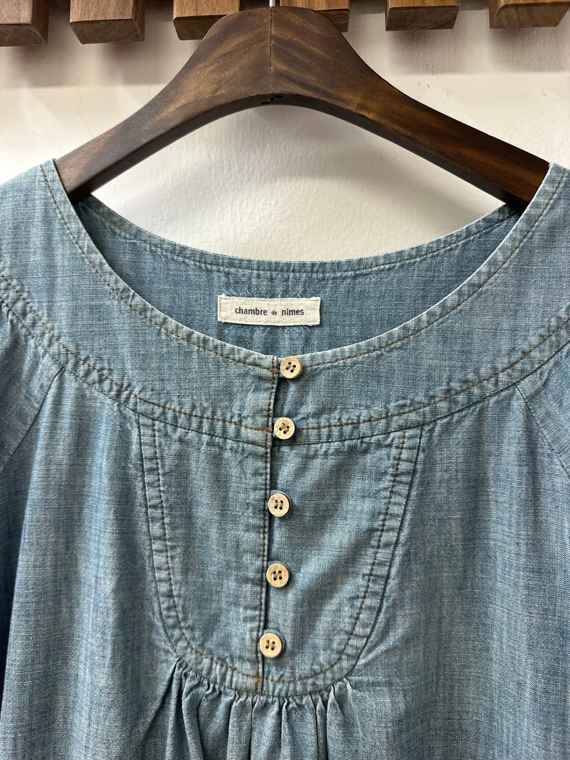 일본빈티지 블루 데님 코튼100% 요크 셔링 반팔 블라우스 원피스 상품이미지3