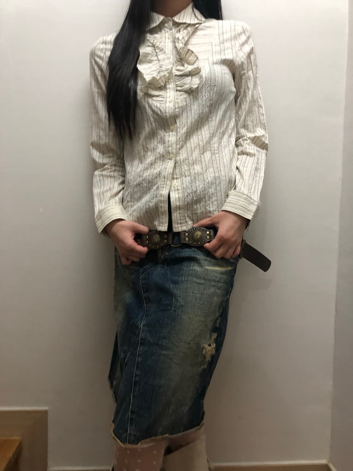 빈티지 데님 워싱 미디 스커트 상품이미지7