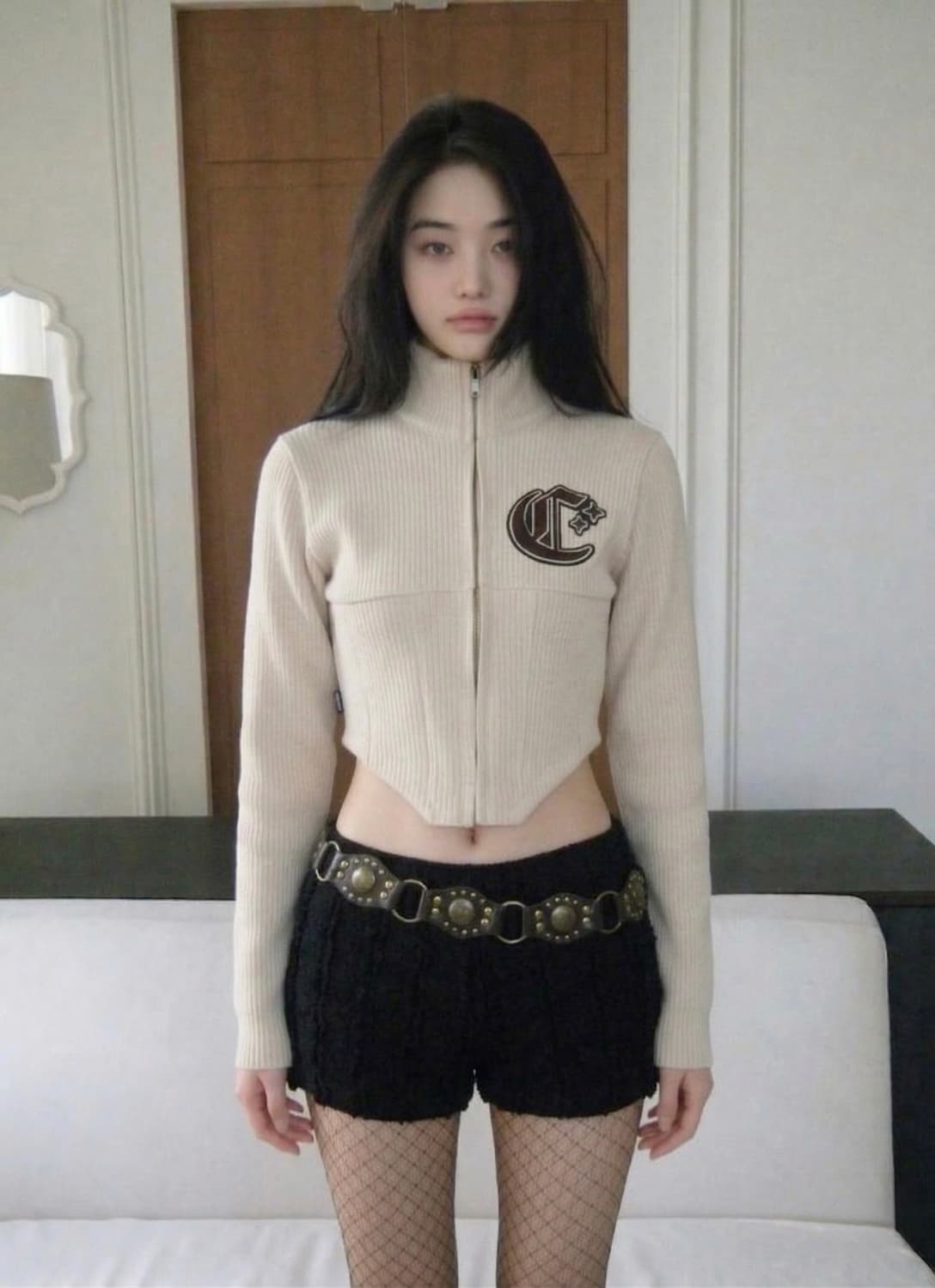 [크랭크] 코르셋 니트집업, 하이넥 집업가디건_베이지 상품이미지1