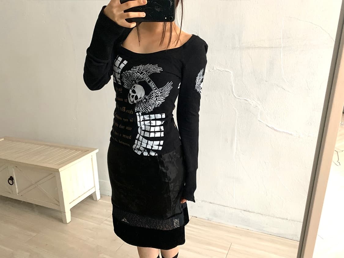 Black oriental print satin midi skirt(새상 상품이미지4