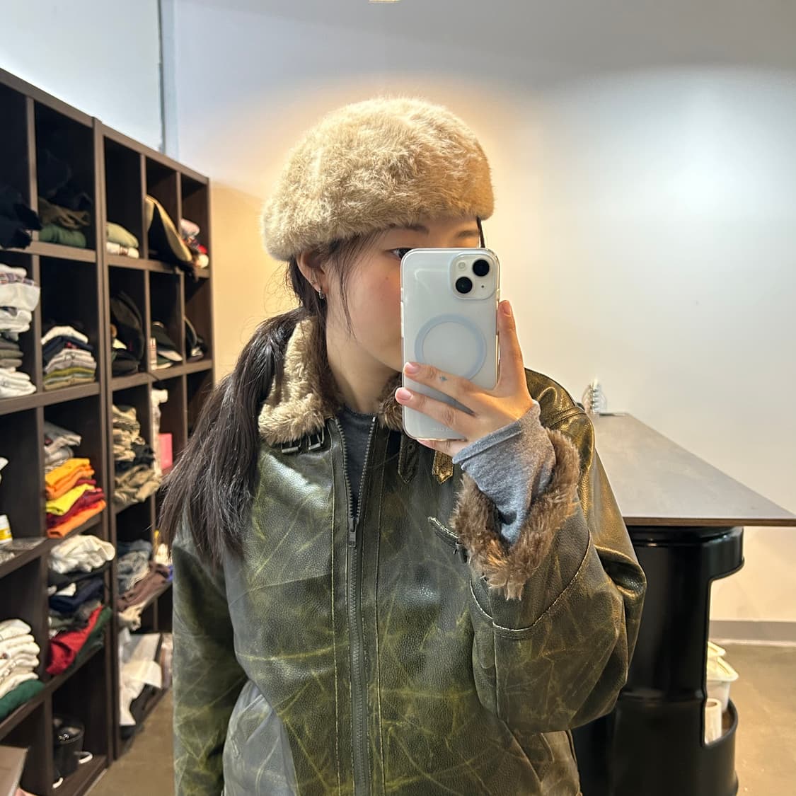 Beams 카멜 퍼 베레모 상품이미지4