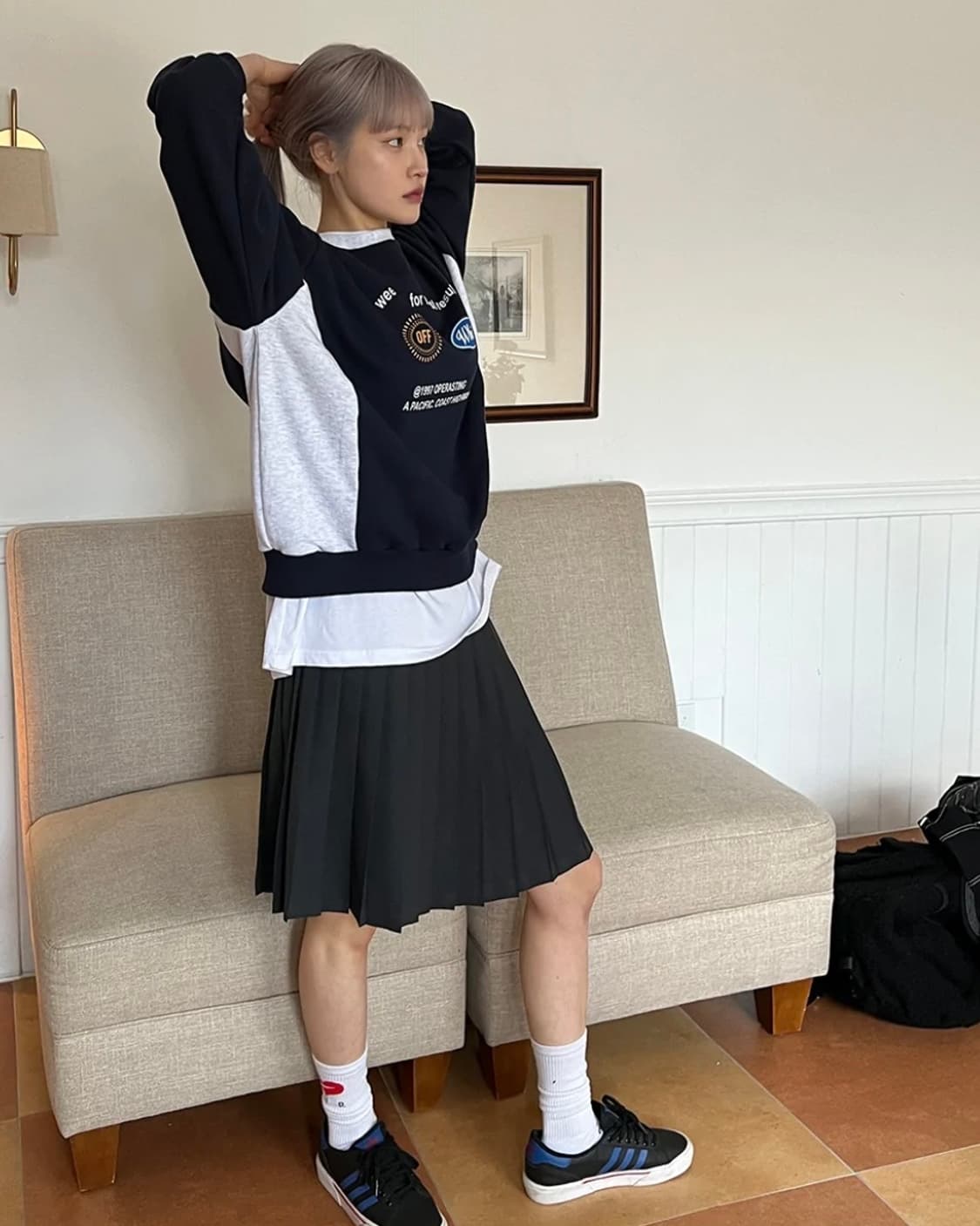 아케 |  스쿨룩 미디 플리츠 스커트 상품이미지5