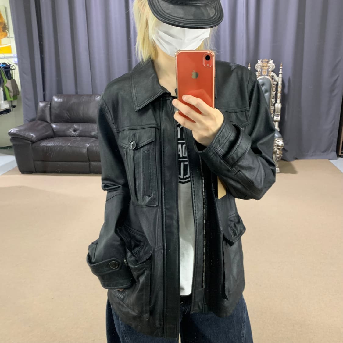 빈티지 양가죽 리얼레더 포켓 사파리 자켓 블랙 105 남녀공용 상품이미지2