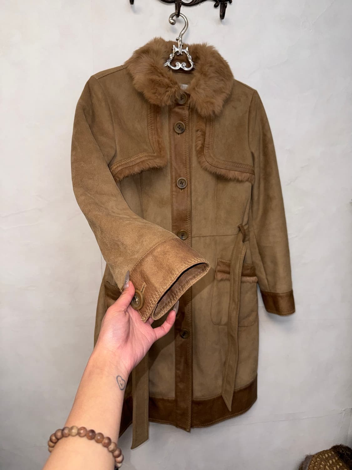 Brown rabbit fur trimming belted coat 상품이미지2