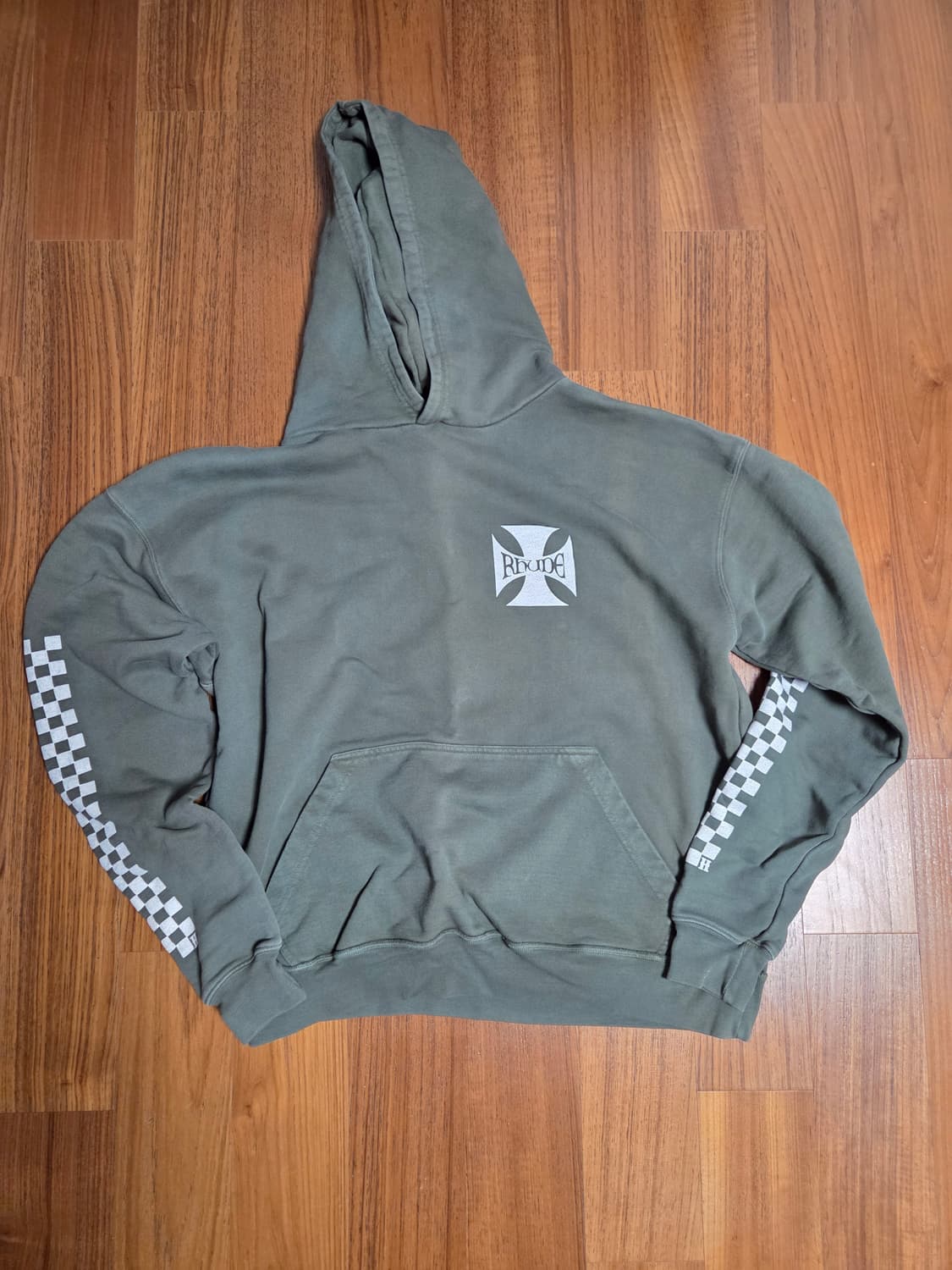 Rhude 루드 체크 슬리브 후드티 카키 상품이미지1