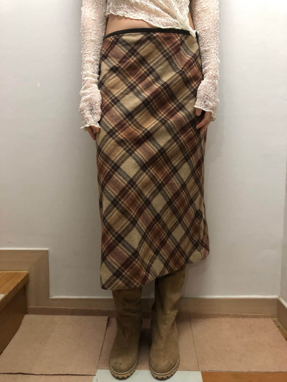 빈티지 브라운 울 체크 스커트 상품이미지5