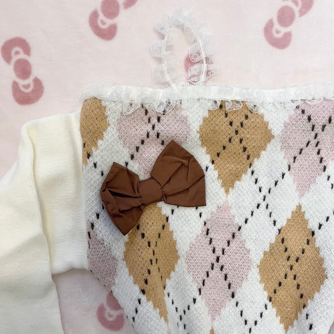 리즈리사st 아가일 리본 라떼갸루 프릴 오프숄더 니트 상품이미지2