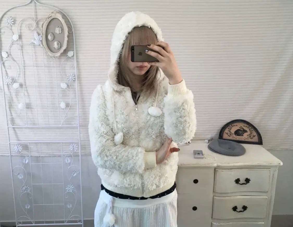 일본빈티지 아이보리 뽀글이 털 후드집업 달천깔 갸루 상품이미지1