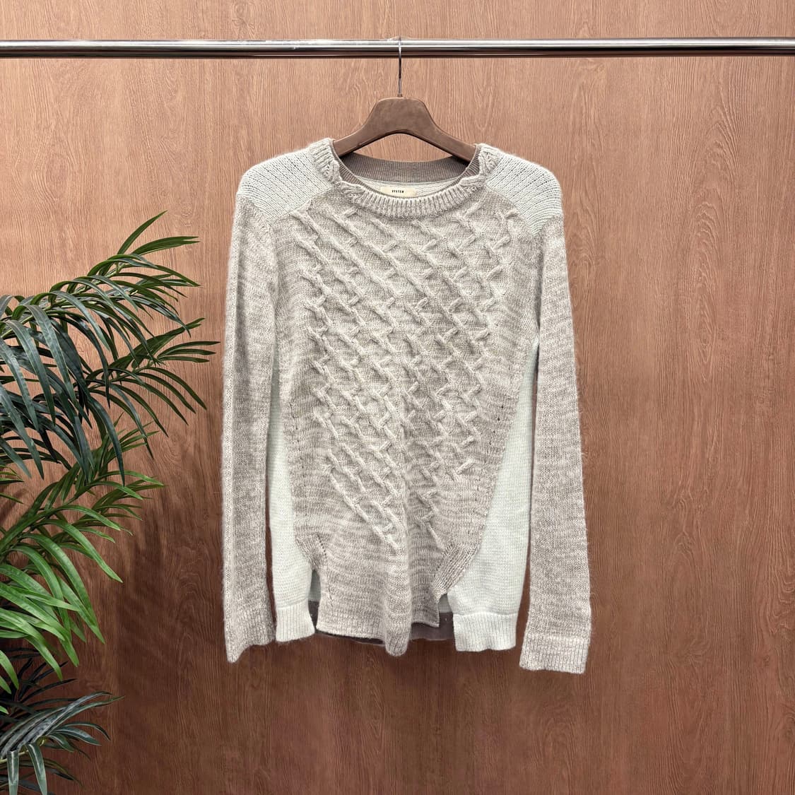 시스템 라운드넥 울 블렌드 니트 케이블 믹스 배색 디테일 베이지 민트 상품이미지1