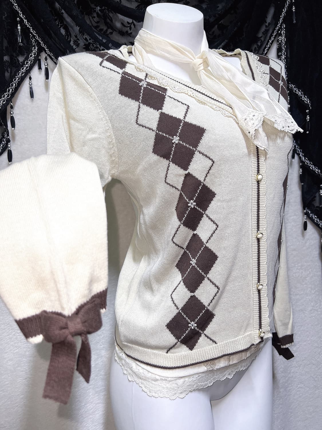 엑시즈팜 아가일 레이스 진주 리본 라떼갸루 로걀탑 니트 러블리 핀터 모리 상품이미지4