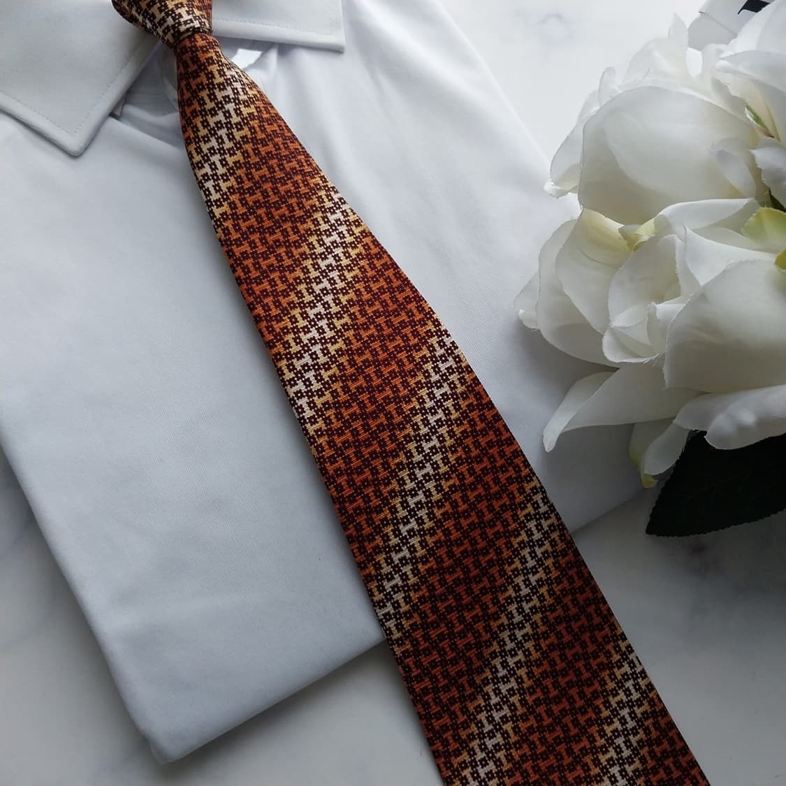 피에르 발망 실크 오렌지 체크 넥타이 9.9cm A등급 K1180
 상품이미지8