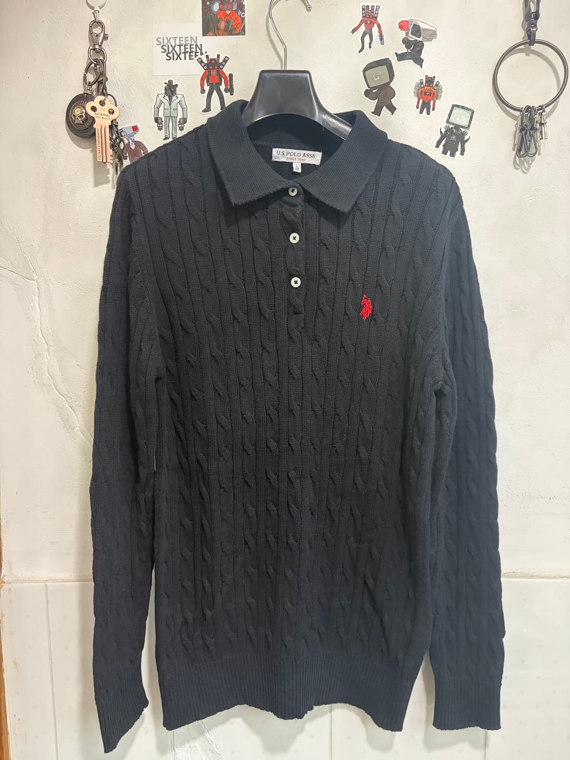 U.S. 폴로 꽈배기 카라 니트 블랙 100 상품이미지1