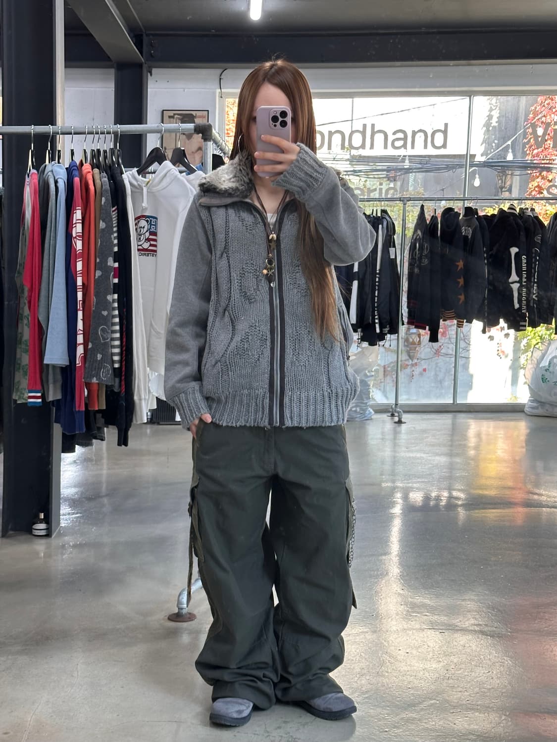 재팬빈티지 하이넥 퍼 꽈배기 니트집업 상품이미지4