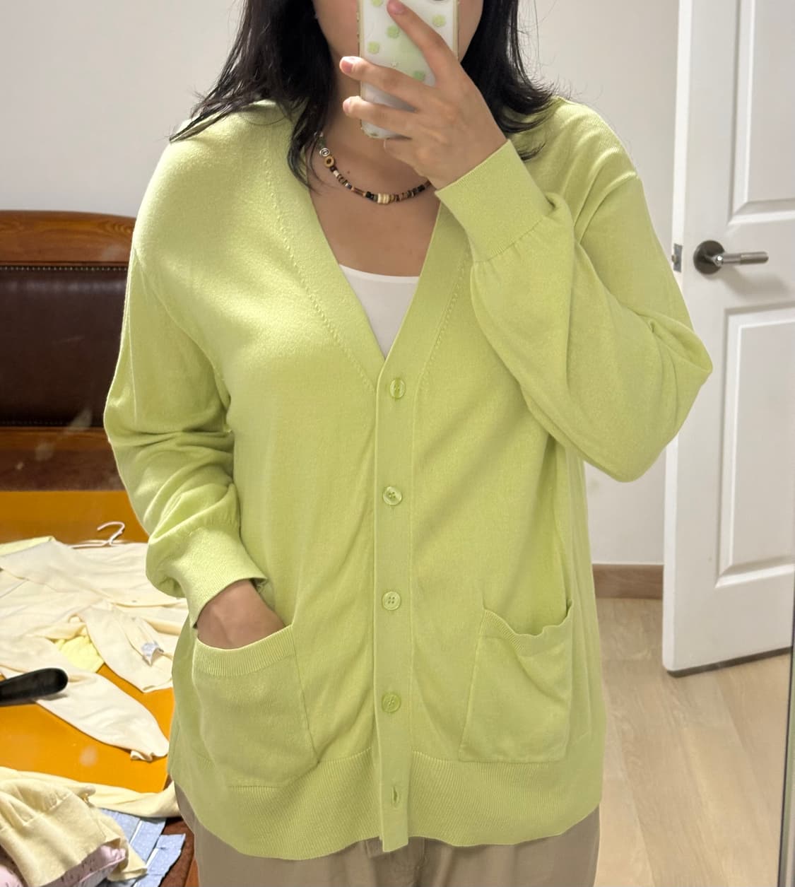 GU 봄 가을 아크릴 면 혼방 가디건 연두 💚L 상품이미지5