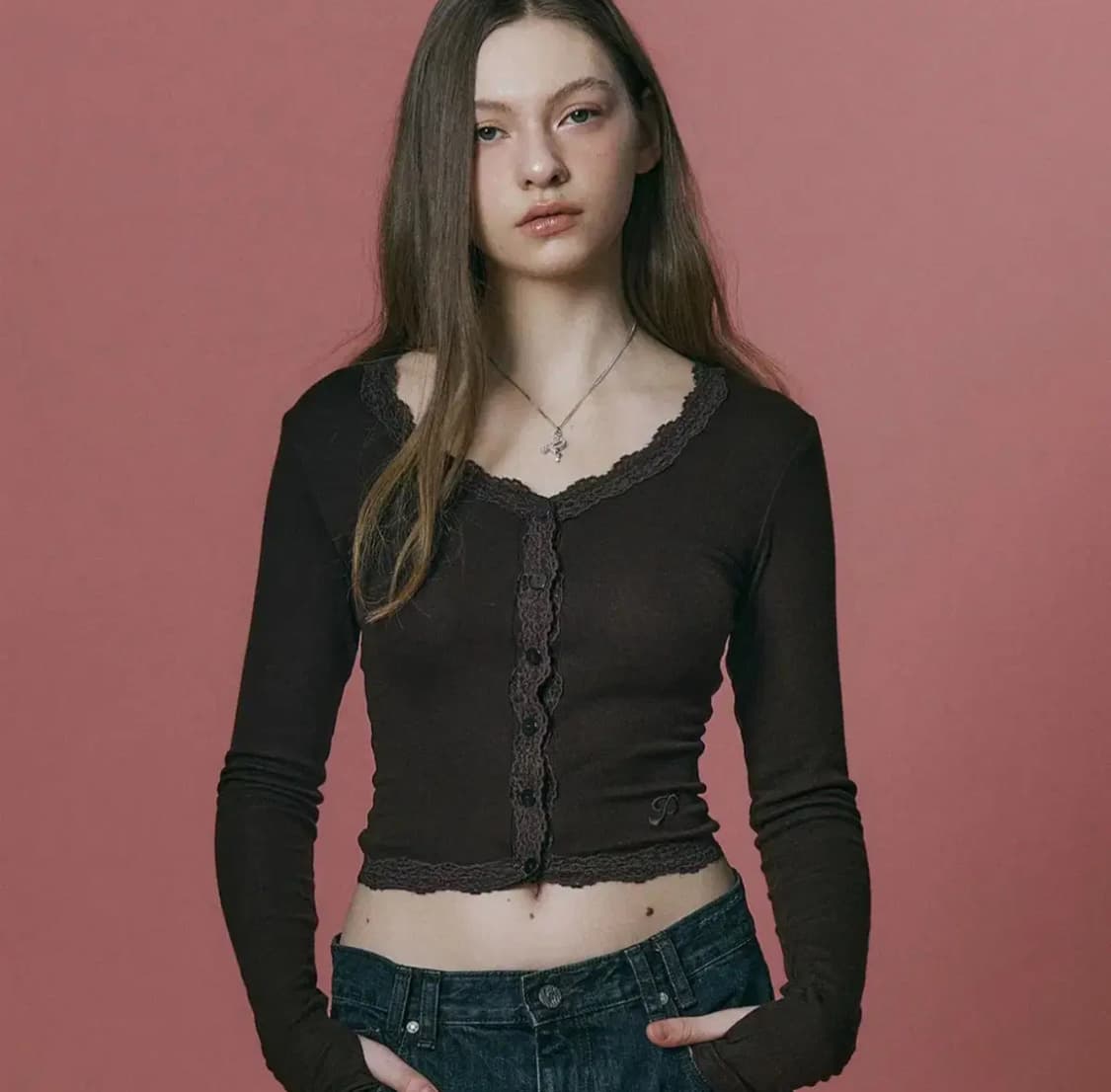 플리즈노팔로우 Mila Lace Long Sleeve Top초콜릿 상품이미지1