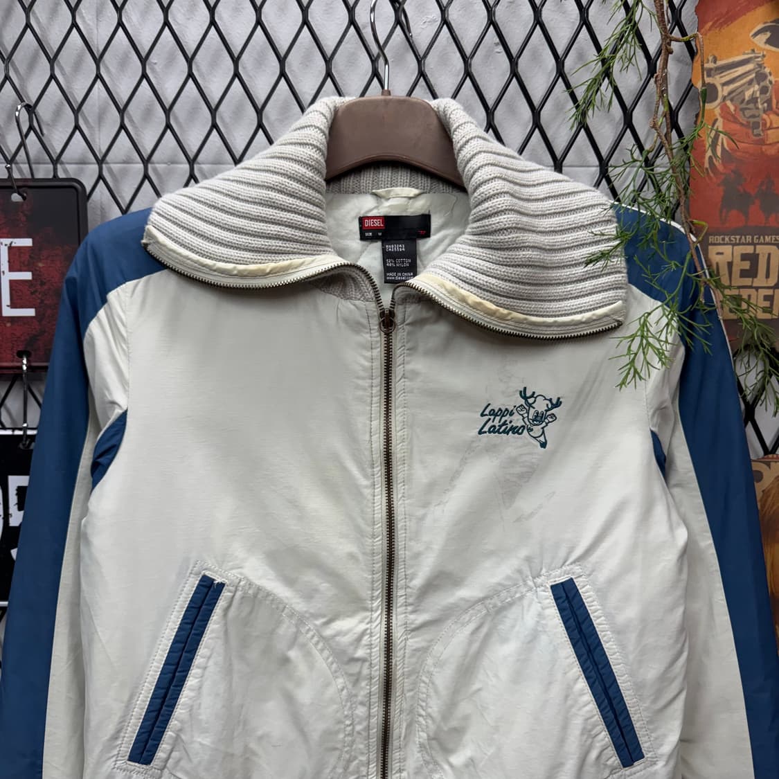 디젤 롱 파카 집업 자켓 니트 시보리 디테일 아이보리 블루 배색 상품이미지3