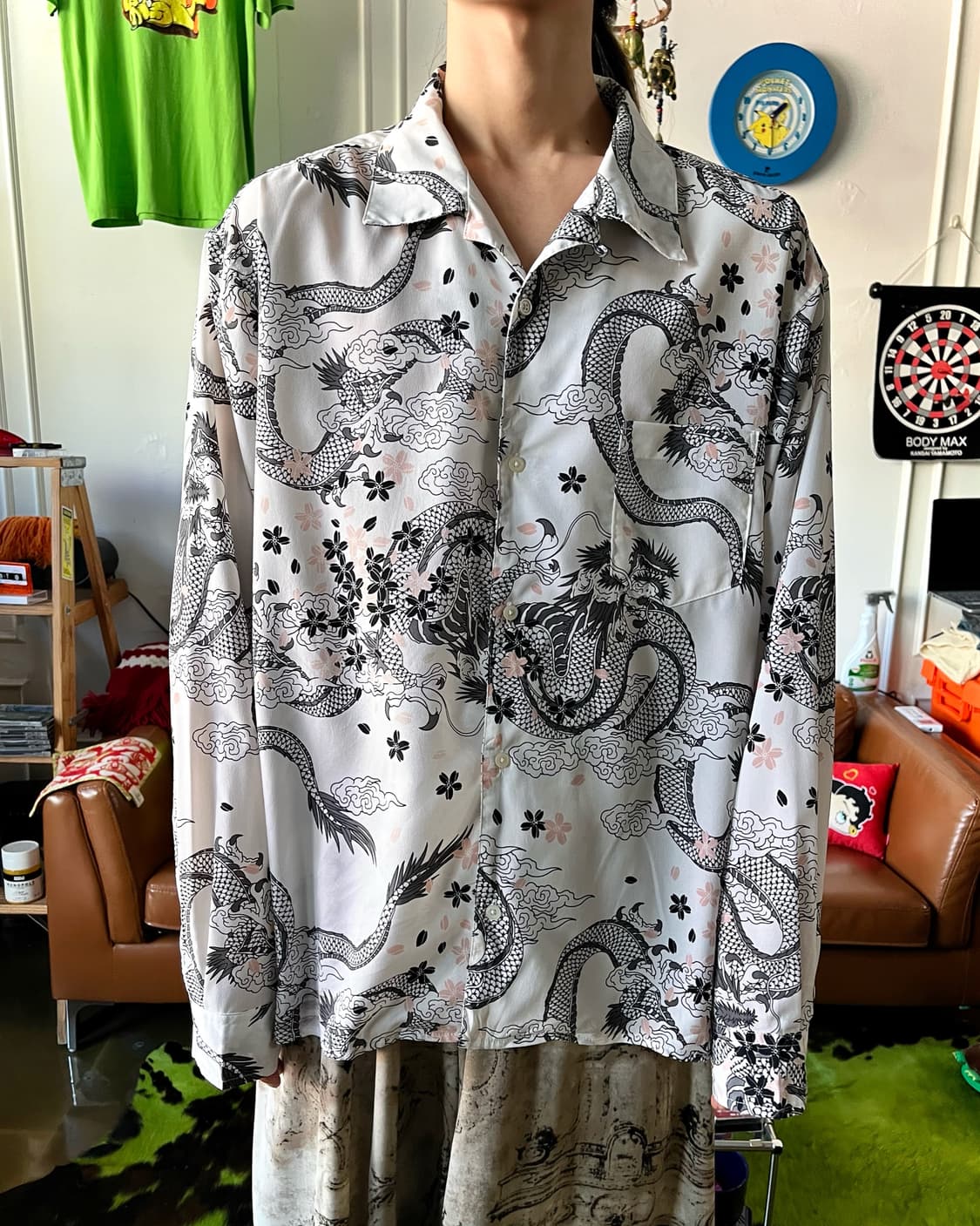 JPN Vintage Dragon & Sakura Print Shirt 상품이미지3