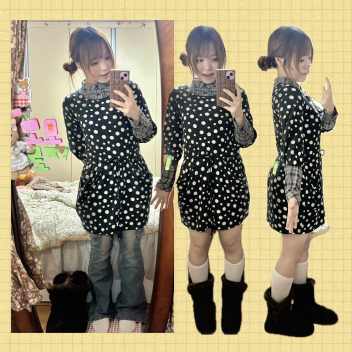 일본빈티지 괴짜 모리 코디 세트 (옐로우 가디건 + 도트 원피스 상품이미지3