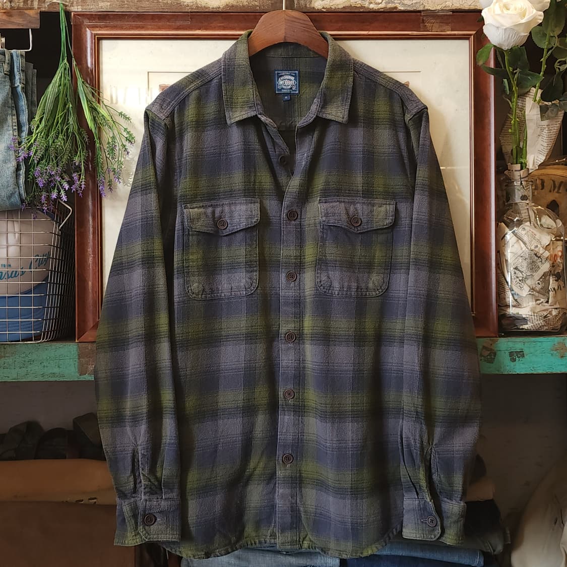 90s 아메리칸 빈티지 체크셔츠 헤비 플란넬 워크셔츠 퍼플 그린 m 상품이미지2